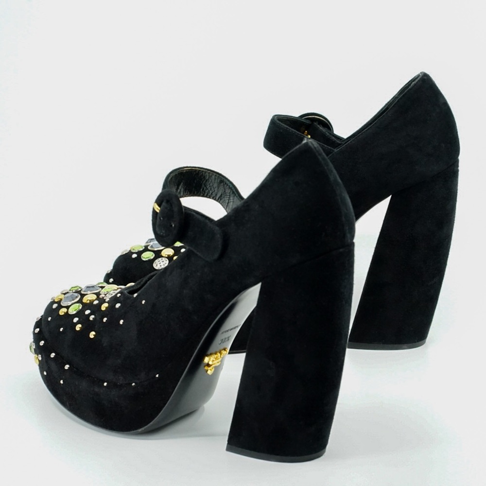 PRADA Embellished Jewel Studded Suede D’Orsay Mary Jane Black Platform Pumps